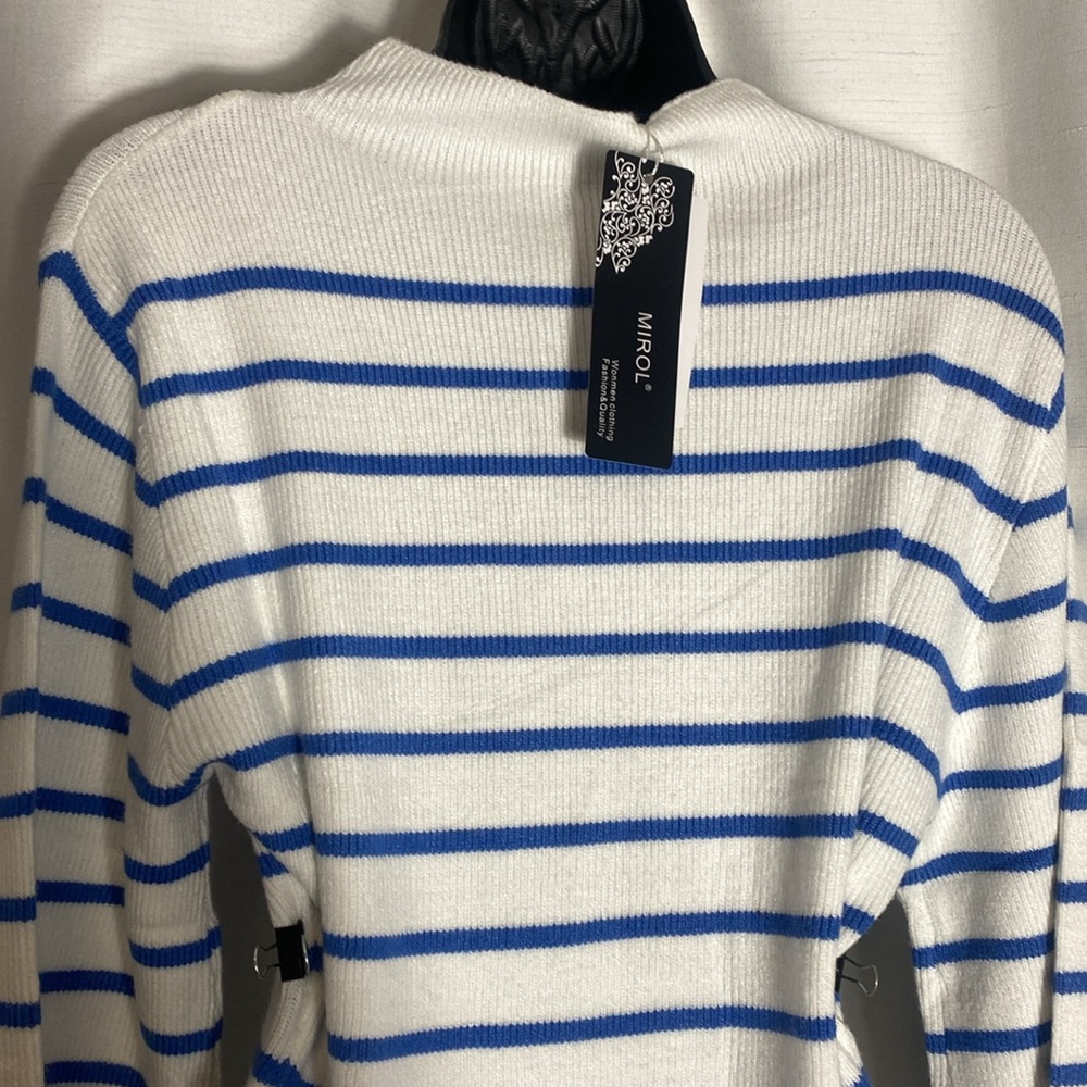 MIROL Mujer Mock Neck Striped Dress Long Puff Sleeve Side Slit Knit Sweater Sz L - Picture 11 of 14